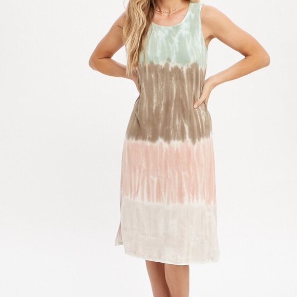 MYSTREE Sleeveless Tie Dye Maxi Dress – Boho Summer Tank Dress in Green Brown Pi - Picture 3 of 8